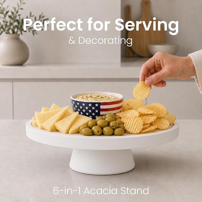 Acacia Wood Cake Stand with Lid Anti-Mold 12 Inch - 2-in-1 Wooden Charcuterie Board - Covered Dessert Plate with Acrylic Dome - Vintage Pastry Display - Tall Domed Serving Stand Platter - White