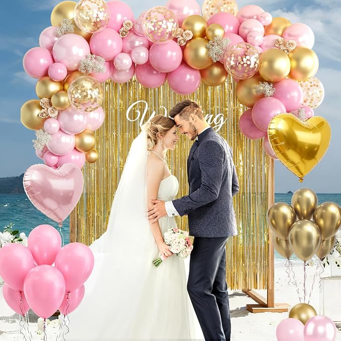157PCS Pink and Gold Balloons Garland Arch Kit with Gold Fringe Curtain for Woman Girl Princess Engagement Bridal Shower Wedding Baby Shower Birthday Party Decorations