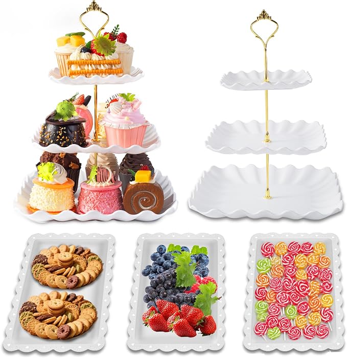 5 Pack Dessert Table Display Set, 2 Sets 3 Tier Cupcake Stand, 3 Pcs Food Serving Trays, Tiered White Plastic Cup Cake Tower for Birthday Baby Shower Wedding and Tea Party Supplies (5, Large)