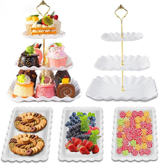 5 Pack Dessert Table Display Set, 2 Sets 3 Tier Cupcake Stand, 3 Pcs Food Serving Trays, Tiered White Plastic Cup Cake Tower for Birthday Baby Shower Wedding and Tea Party Supplies (5, Large)