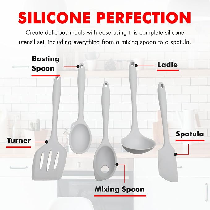 Chef Craft - Premium Silicone Kitchen Tools and Utensils Set, Non-Scratch, Withstands Temperatures up to 450°F, BPA-Free, 5 Piece Cooking Utensils Set, Gray