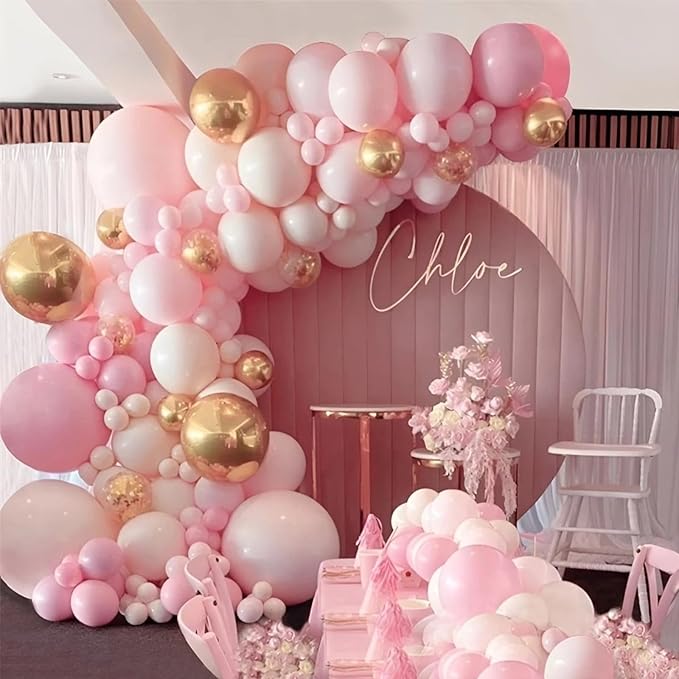PartyWoo Pink and White Balloon Arch Kit Garland 140pcs Different Sizes of 18 12 10 5 Inch Light Pastel Baby Pink Metallic Gold Confetti White Balloons for Baby Shower Birthday Party Decorations