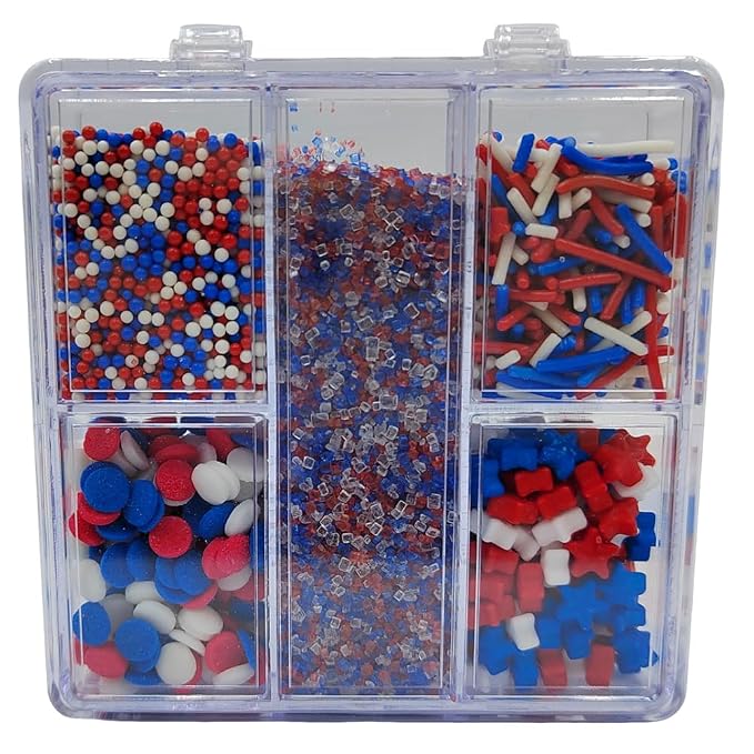 Red White and Blue Sprinkles for Baking, Edible Patriotic 4th of July Sprinkle Mix for Cake Decorating with Sparkling Sugar, Jimmies, Stars, Nonpareils, Confetti, Ice Cream Cupcake Toppings Supplies