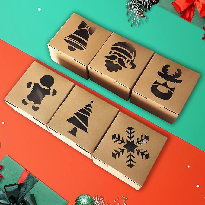 Gute 24 Pcs Christmas Kraft Cookie Boxes, Brown Christmas Treat Boxes with Window 4" x 4" x 2.5" Bakery Gift Warpping Box for Xmas Holiday Party Favor Pastries, Cupcakes, Cookies Donuts Gift-Giving