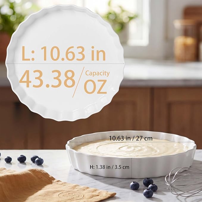 Quiche Baking Dish, Ceramic Quiche Pan, 10 inch Large Round Tart Pan Set of 2, Porcelain Pie Pan Oven Safe, Wave White Baking Dishes for Dessert, Cheesecake, Souffles, Dishwasher Safe, 43 Oz