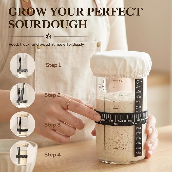 24 oz Sourdough Starter Jar Kit, Glass Sourdough Starter Jar with Date Mark, Thermometer, Scraper, Cloth Cover & Lid, Complete Sourdough Baking Supplies for Beginners & Pros