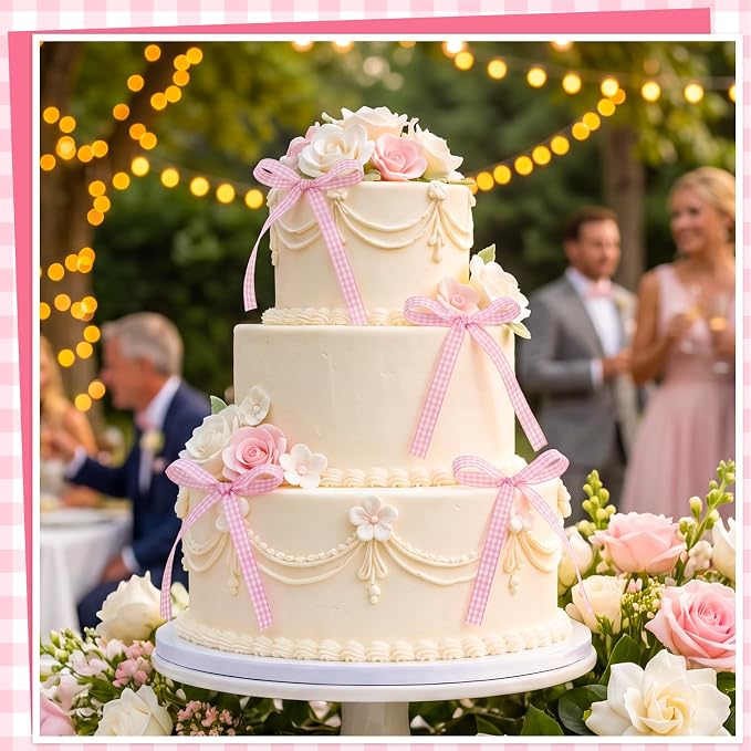 30 PCS Bow Cupcake Topper Pink Gingham Ribbon Bows for Cake Handmade Bow Birthday Decorations for Weddings, Baby Showers, Wedding, Engagements and Dessert Tables
