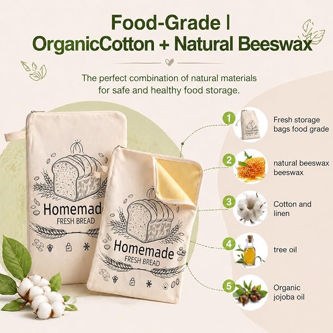 Beeswax Bread Bags, Bread Bags for Homemade Bread, Bees Wax Bread Bag, Reusable & Eco-Friendly,100% Natural Beeswax & Cotton, Long-Lasting Freshness,Airtight & Freezer-Friendly Food Storage