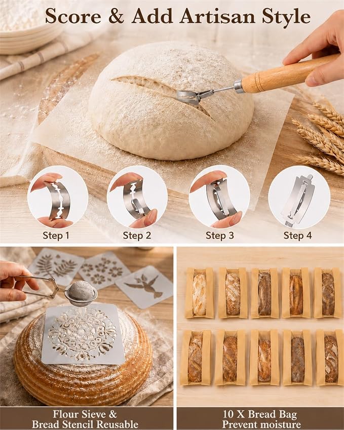 37 PCS Sourdough Starter Kit with Digital Scale, Timer, Thermometer, Bread Baking Supplies Kit, Round & Oval Banneton Proofing Basket Dough Whisk Bread Lame Complete Bread Making Tools Set