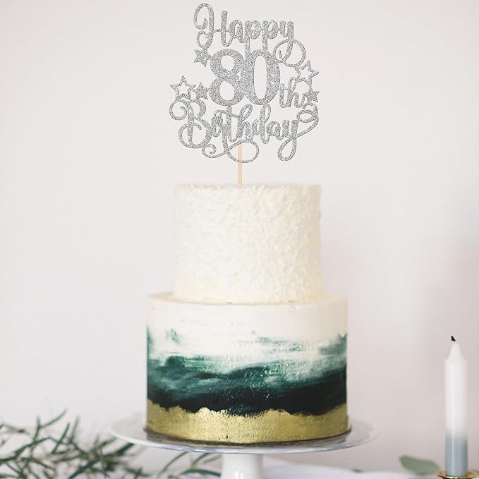 1 PCS Happy 80th Birthday Cake Topper Glitter Cheers to 80 Years Birthday Cake Pick Hello 80 Fabulous Cake Decoration for Happy 80th Birthday Anniversary Party Decorations Supplies Silver