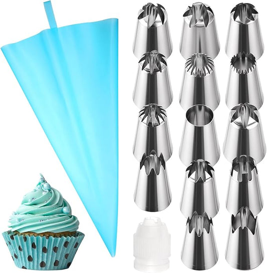 12PCS Large Piping Tips Set, Stainless Steel Frosting Tips with Reusable Pastry Bag, Cake Decorating Tip Set, Silver Pastry Cake Decorating Tip for Cookie, Cupcake, Cakes and Baking