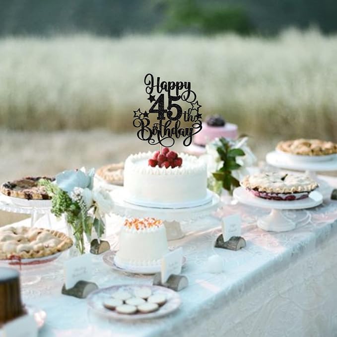 1 PCS Happy 45th Birthday Cake Topper Glitter Cheers to 45 Years Birthday Cake Pick Hello 45 Fabulous Cake Decoration for Happy 45th Birthday Anniversary Party Decorations Supplies Black