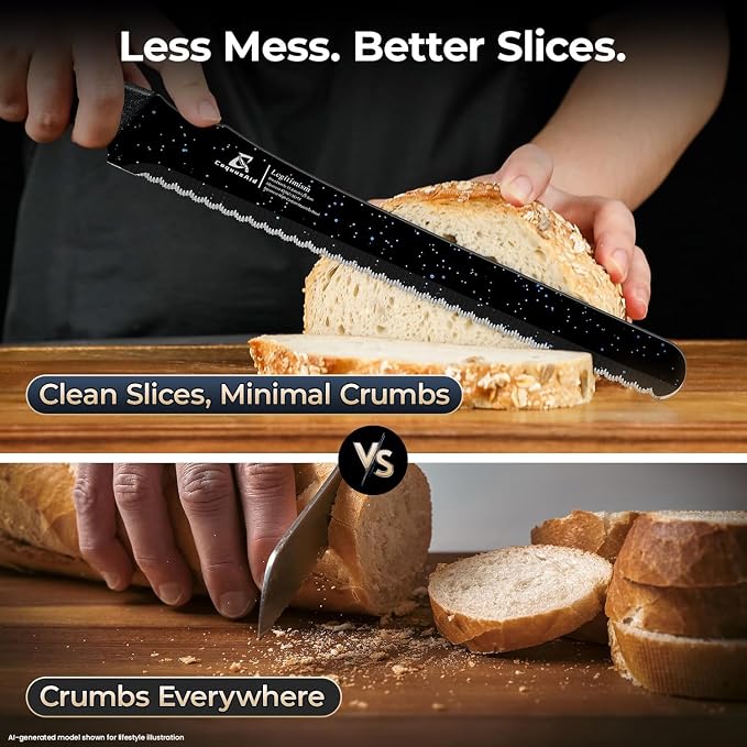 CoquusAid Upgrade Bread Knife for Homemade Bread, World‘s 1st Double Serrated Knife for Crusty Sourdough, 11.6 Inch Stainless Steel Bread Slicer, Professional Sourdough Cutter, Ideal Gift, Black