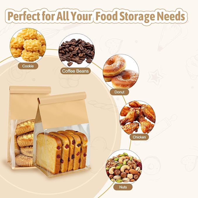 Bakery-Grade Bread & Cookie Bags, 2-Size 25PCS Luxury Brown Paper Bags with Clear Window & Reusable Tin Tie, Odor-Free Safe for Sourdough, Homemade Bread, Popcorn, Bake Sales & Snack Storage