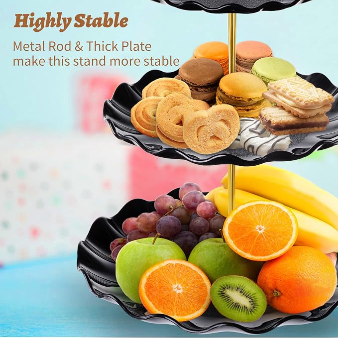 BACUTHY 3 Tier Cupcake Stand Holder, Plastic Cup Cake Tower Stand with Tiered Serving Tray for Dessert Display, Cupcakes, Donuts, Macaron and Fruits,Black