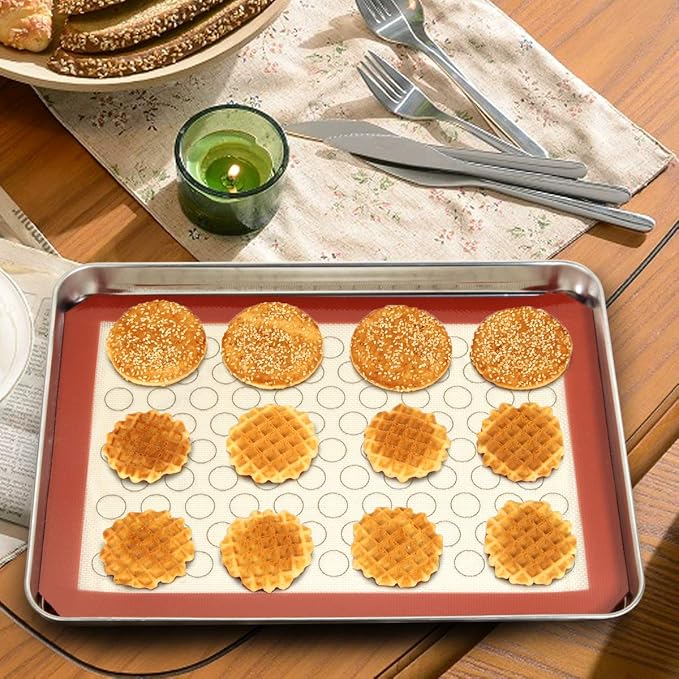 Wildone Baking Sheet with Silicone Mat Set, Set of 4 (2 Sheets + 2 Mats), Wildone Stainless Steel Cookie Sheet Baking Pan with Silicone Mat, Size 9 x 7 x 1 inch, Non Toxic & Heavy Duty & Easy Clean