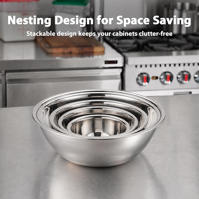CURTA Stainless Steel Mixing Bowls Set of 5, Heavy Duty Nesting Metal Bowls with Flat Base, 0.6 to 6 QT Kitchen Prep Bowls for Baking, Cooking, Salad Mixing & Bread Dough Kneading