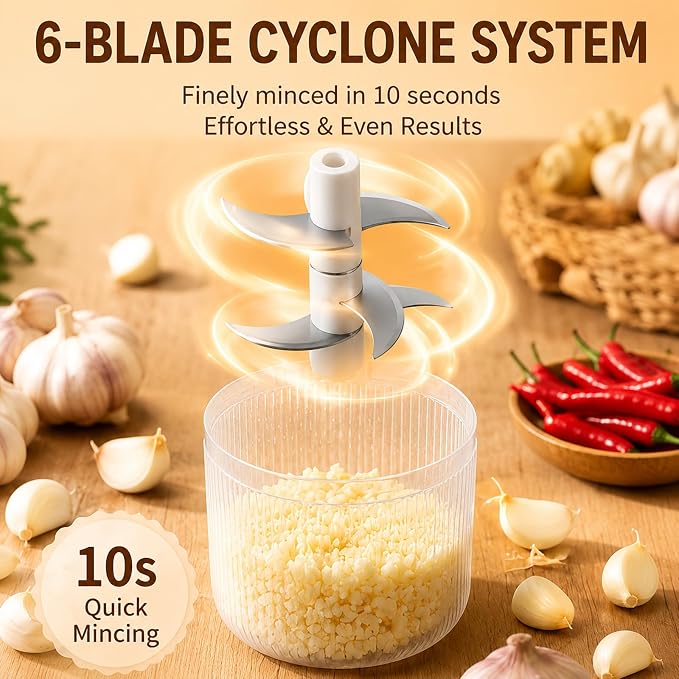 Household Electric Garlic Crusher, 6-Blade Cyclone Mini Chopper (1 White) | 350ml Capacity; For Garlic, Onion, Ginger, Chili; Cordless 6 Stainless Steel Blades; Ideal For Home Cooks