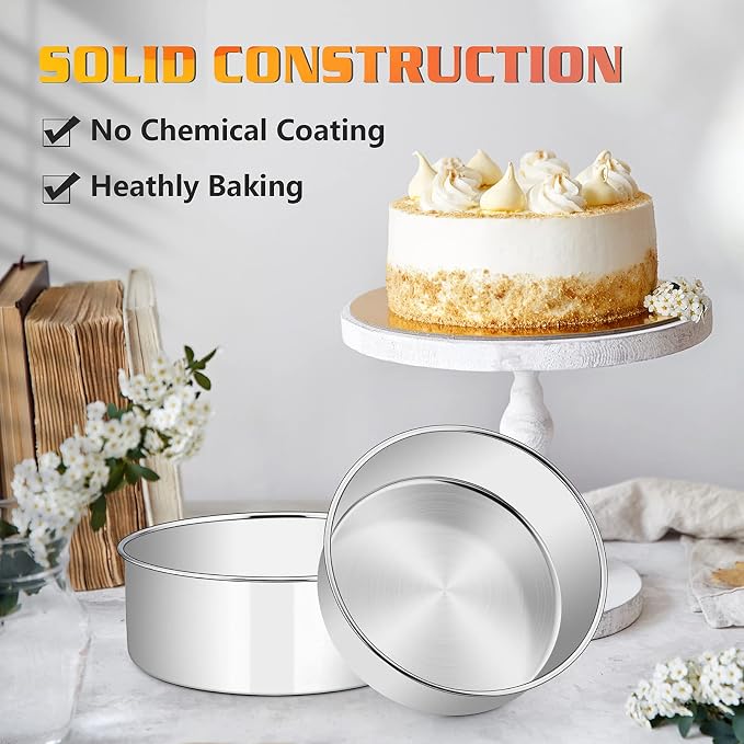 E-far 8 x 3 Inch Round Cake Pans, Stainless Steel Deep Cake Baking Pan Tin for Birthday Wedding Party Chiffon Cheesecake, Healthy & Non-Toxic, Straight Side & Dishwasher Safe - Set of 2