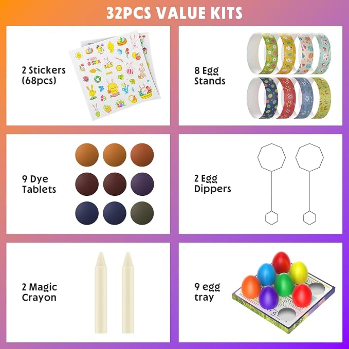 Easter Egg Decorating Kit with 9 Food Coloring Dye Tablets, 68 Stickers, Magic Crayons & 9 Egg Stands | Non-Toxic, Edible Food Dye DIY Craft Set for Easter Celebrations & Party Supplies