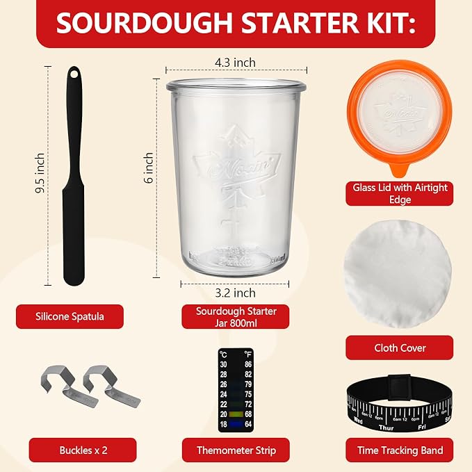 Sourdough Starter Kit, Sourdough Starter Jar Glass Wide Mouth, Sourdough Kit with Thicken Sourdough Glass Jar 27oz, Spatula, Thermometer, Cloth Cover, Feeding band, Sourdough Bread Baking Supplies