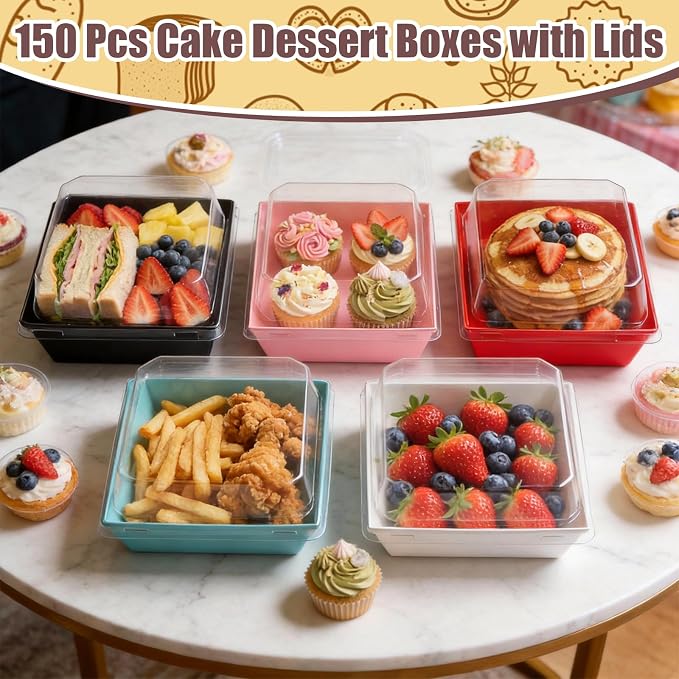 150 Pack Charcuterie Boxes with Clear Lids, 5 Inches Square to Go Paper Disposable Food Containers Dessert Boxes - Sandwich, Cookie, Sushi, Cake Slice, Strawberries 5 Colors