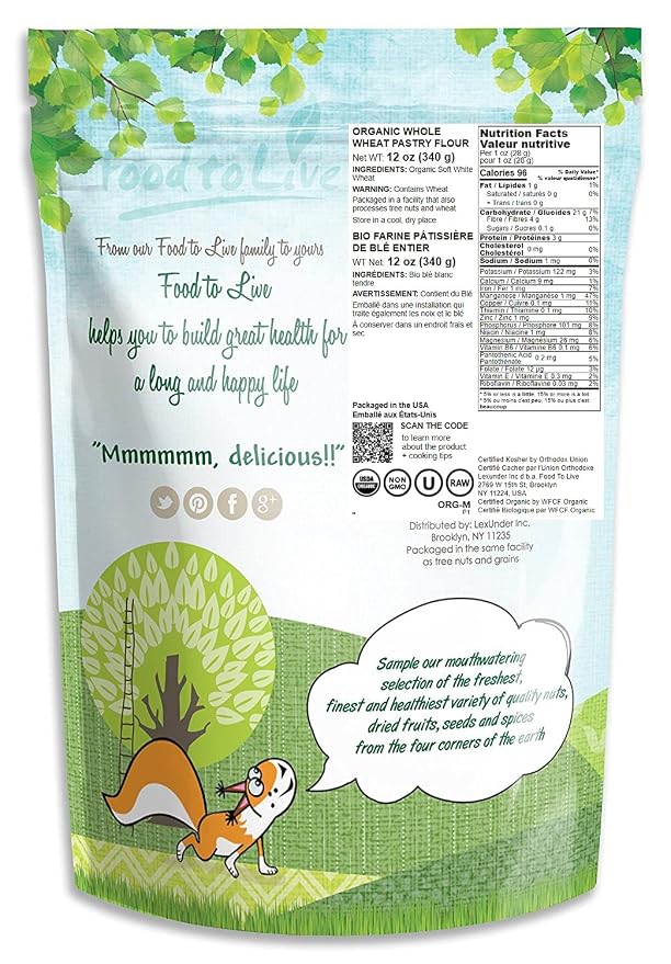 Food to Live Organic Whole Wheat Pastry Flour, 12 Ounces - Non-GMO, Finely Ground, Unbleached, Unbromated, Vegan, Kosher, All Natural, No Preservatives, Bulk, Product of the USA