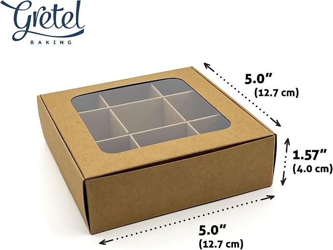 20pcs Kraft Treat Boxes with Window and Dividers | 9 X-SMALL compartments | 5 x 5 x 1.57 in | Empty candy boxes for gift giving, truffle box - perfect for Valentine's Day