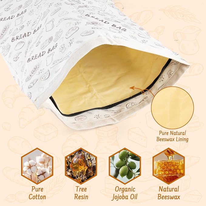 2-Pack Reusable Beeswax Bread Bags for Sourdough & HomemadeBread with Zipper, 16.5 x 13 inch bread bags for Food Storage