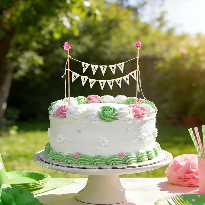 Happy Birthday Cake Bunting Topper Garland, Handmade Birthday Cake Pennant Banner Flags with Wooden Pole & Pink Flower Party Decoration Supplies