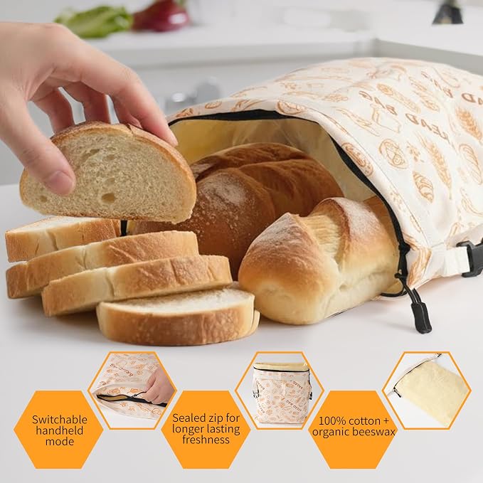 Bread Bags for Homemade Bread, 2 Pack XL Reusable Beeswax Organic Linen Cotton Sourdough Bags with Zipper Seal to Keep Bread Fresh (ecru and multicolored)