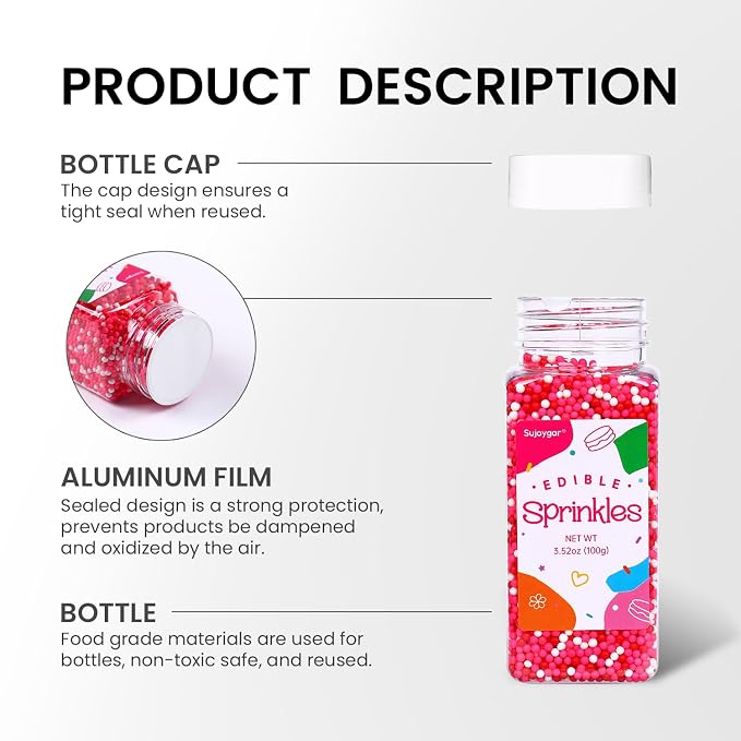 Pink Nonpareils Sprinkles, Red Pink and White Sprinkles Bulk for Cake Decorating Cupcake Baking Dessert Cookies Valentine's Decoration, 3.52oz
