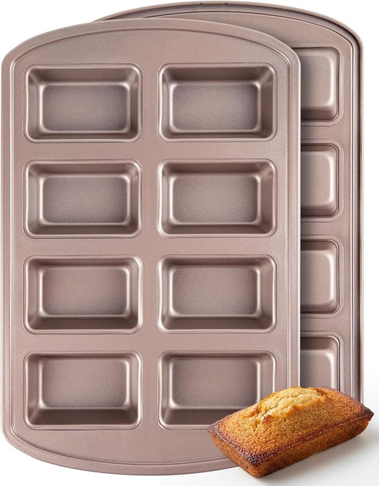 CARTMAN 2-Pack 8-Cavity Mini Loaf Pans Set with Spatula & Brush – 15.5” x 10” Nonstick Carbon Steel Small Bread Pan for Banana Bread, Meatloaf & Keto Snacks Champagne Gold