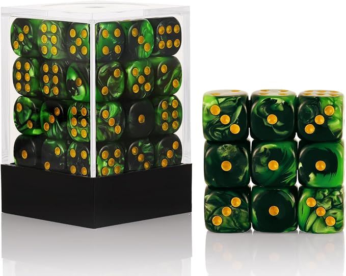 36 of Pack 12MM 6 Sided MINI Dice Set,Two Colours D6 Game Dice Set, 6 Sided Standard Dices for Yahtzee, Bunco or Teaching Math,with Portable Plastic Box(Grass Green+Black)