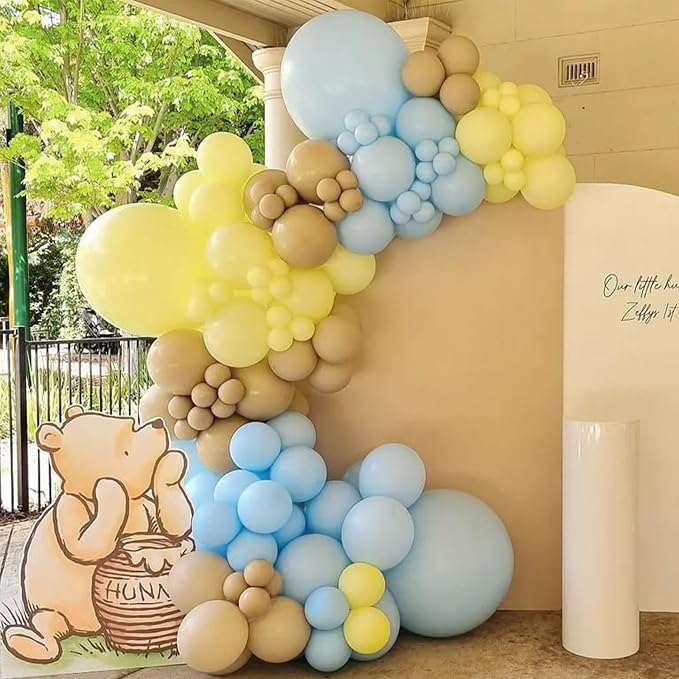 Pastel Blue Yellow Balloon Arch Kit 154pcs Macaron Baby Blue Pastel Yellow and Light Brown Latex Balloons for Baby Shower Bee Bear Theme Birthday Bridal Wedding Party Decorations