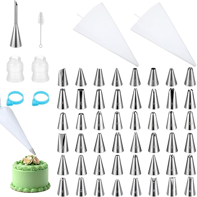 56 Pcs Reusable Piping Bags and Tips Set Frosting Piping Kit for Home | 16"Pastry Bags for Cake Decorating Cupcakes & Cookies with 48 Frosting Tips 2 Leak-Proof Cotton Icing Bags for Baker Beginner