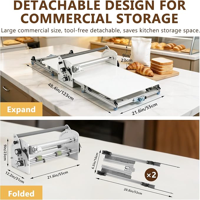 Electric Dough Sheeter Machine 17.7" Commercial Dough Rolling Machine Electric Dough Roller Machine Folding Dough Sheeter Reversible Control with 0-25MM Thickness Adjustment