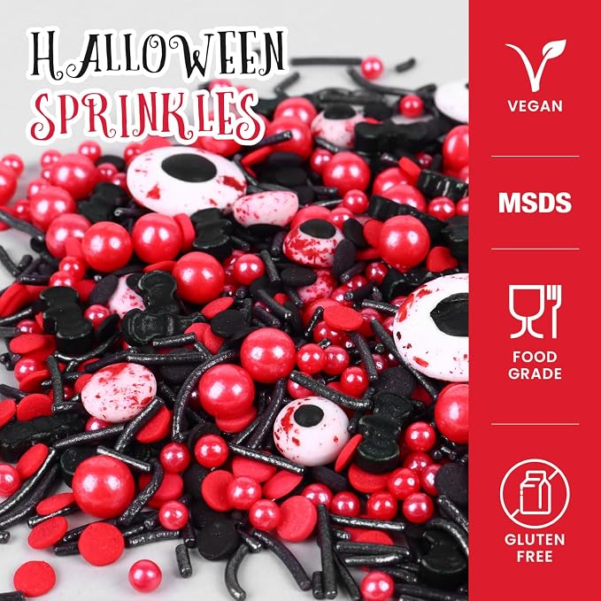 Eyeball Sprinkles for Cake Decorating, Black & Red Pearl Sprinkles with Black Bats & Eyeball Candy, Perfect for Halloween Dessert Party 4.23 Ounce