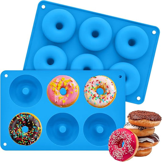 2er Pack Silicone Donut Mold - Non-Stick Silicone Doughnut Pan DIY Chocolate Baking Cookie Molds, Heat Resistant, Make Donut Cake Biscuit Bagels, BPA Free Dishwasher Safe (blue, 6 Cavities)