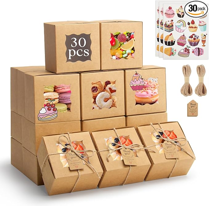OAMCEG 30pcs Cookie Boxes with Window, 4x4x2.5 Inch Bakery Treat Boxes with Cake-Themed Stickers for Mini Cake, Pastry, Dessert, Chocolate, Strawberries, Party Favors (Brown)