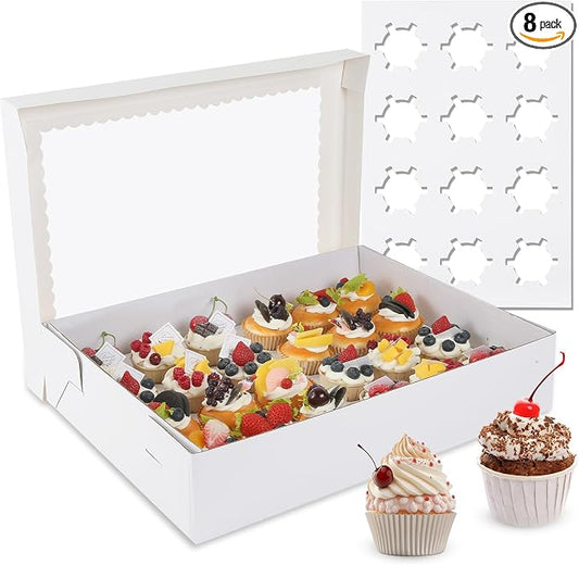 24 Count Cupcake Box, 8 Pack Cupcake Containers with Windows and Inserts, Disposable Cupcake Carriers for Muffins, Treats, Pastries, Mother's Day 19 x 14 x 3.9 Inches (White, 24Count /8Pcs)