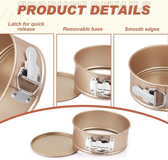 Funnymoom 4 Pcs 6 Inch Non Stick Springform Pan with Removable Bottom Carbon Steel Round Springform Cheesecake Pan with Stainless Steel Spring Buckles for Baking Kitchens Restaurant(Champagne Gold)