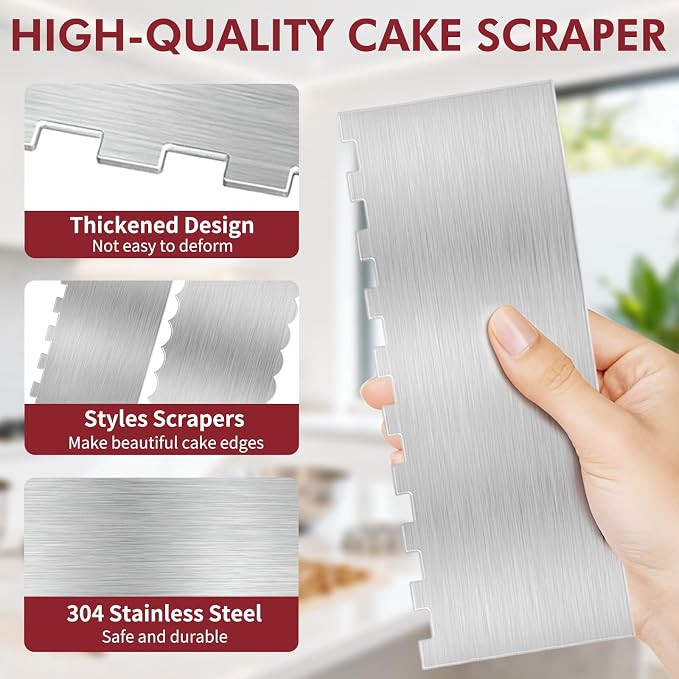 2 Pack 8.7 Inch Stainless Steel Cake Scraper, Double Sided Patterned Edge Stripe Edge Smoother Scraper Frosting Scraper Cake Decorating Comb for Mousse Butter Cream - Style 1