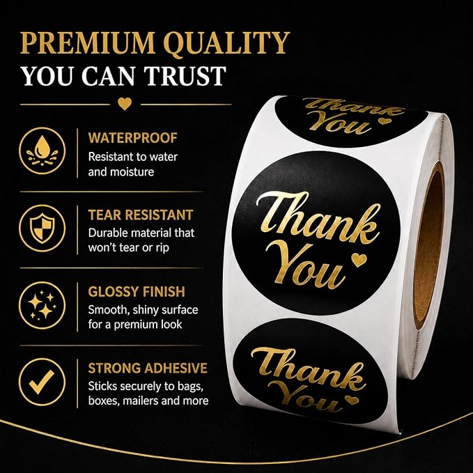 500 Thank You Stickers Roll – 1.5 Inch Black and Gold Foil Round Labels – Elegant Thank You Stickers Small Business Packaging, Envelopes, Gift Bags, Orders, Party Favors, Crafts