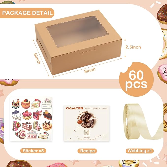 OAMCEG 60 Pack Cookie Boxes with Window, 8x6x2.5 Inch Bakery Treat Boxes for Christmas Holiday Gift Giving, Desserts, Donuts, Pastries-Brown