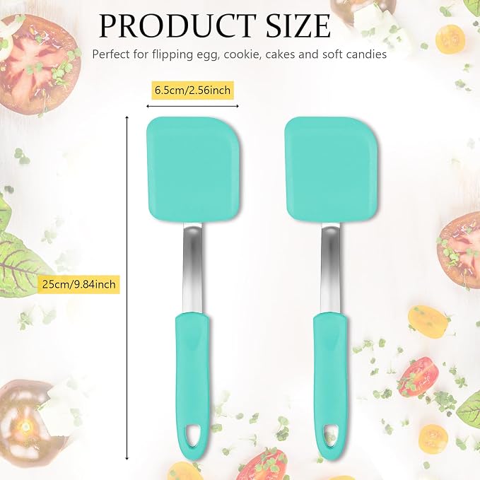 Silicone Cookie Spatula Turner 2 Pack Mini Brownie Spatula Flexible Kitchen Small Silicone Turner for Nonstick Cookware Heat Resistant No Scratch Flipper for Pancake(Solid Flat,Green)