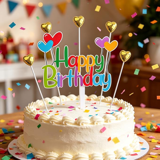 Colorful Happy Birthday Cake Topper Set Balloon Design and Gold Hearts, Great for Kids' Birthdays, Cupcakes Party Decor