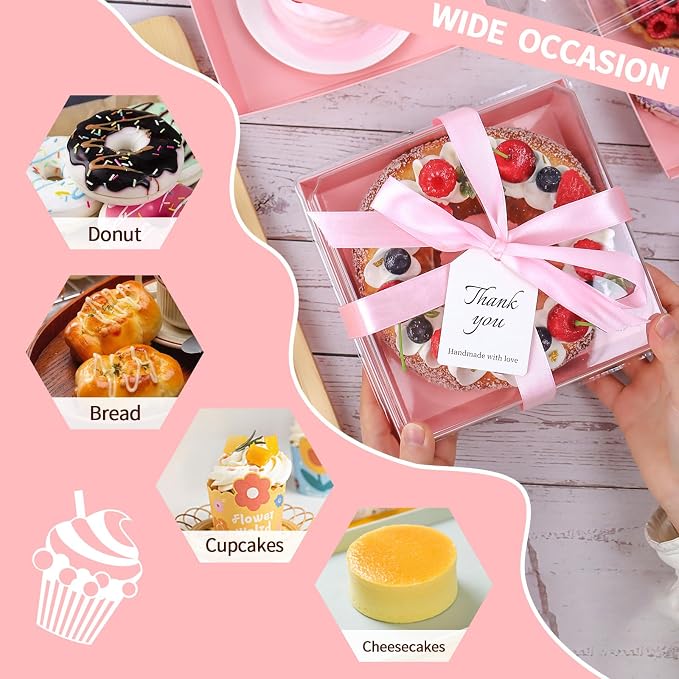 7 x 7 x 4 Inches Paper Cake Boxes with Clear Lids, 50 Pack Pink Large Charcuterie Square Food Containers, Valentine's Day Disposable Bakery Boxes for 4-6 Inch Bundt Cake, Pie, Dessert