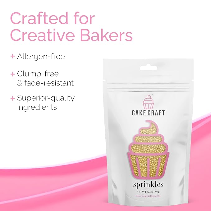 Cake Craft Sprinkles – 3-Pack (100g Each) | Decorating Cakes, Cupcakes, Cookies & More | Gold – Sugar Pearls