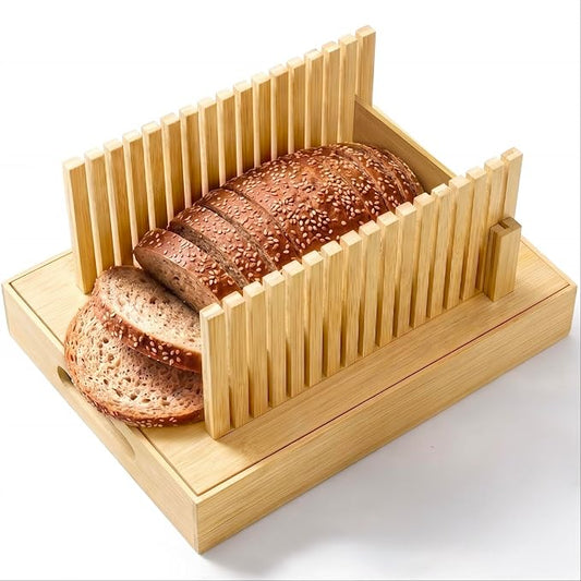 Bamboo Bread Slicer for Homemade Bread, Adjustable Cutting Board with Crumb Tray and Serving Box, Slicing Guide for Sourdough, Sandwich Loaves, Bagels and Cakes